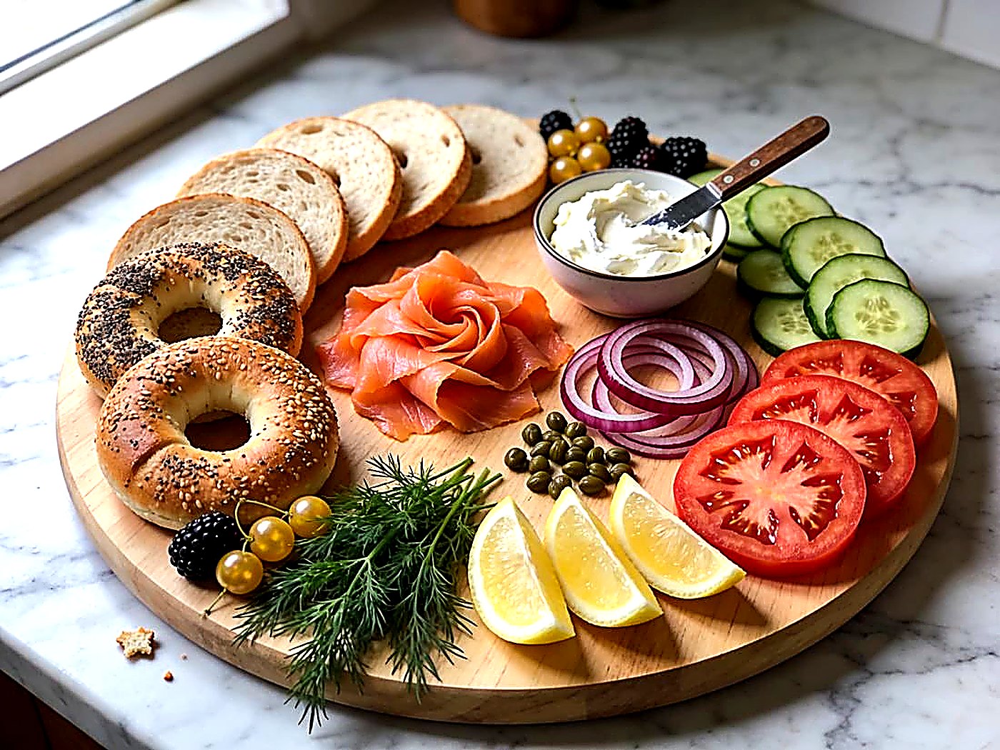 Smoked salmon bagel board